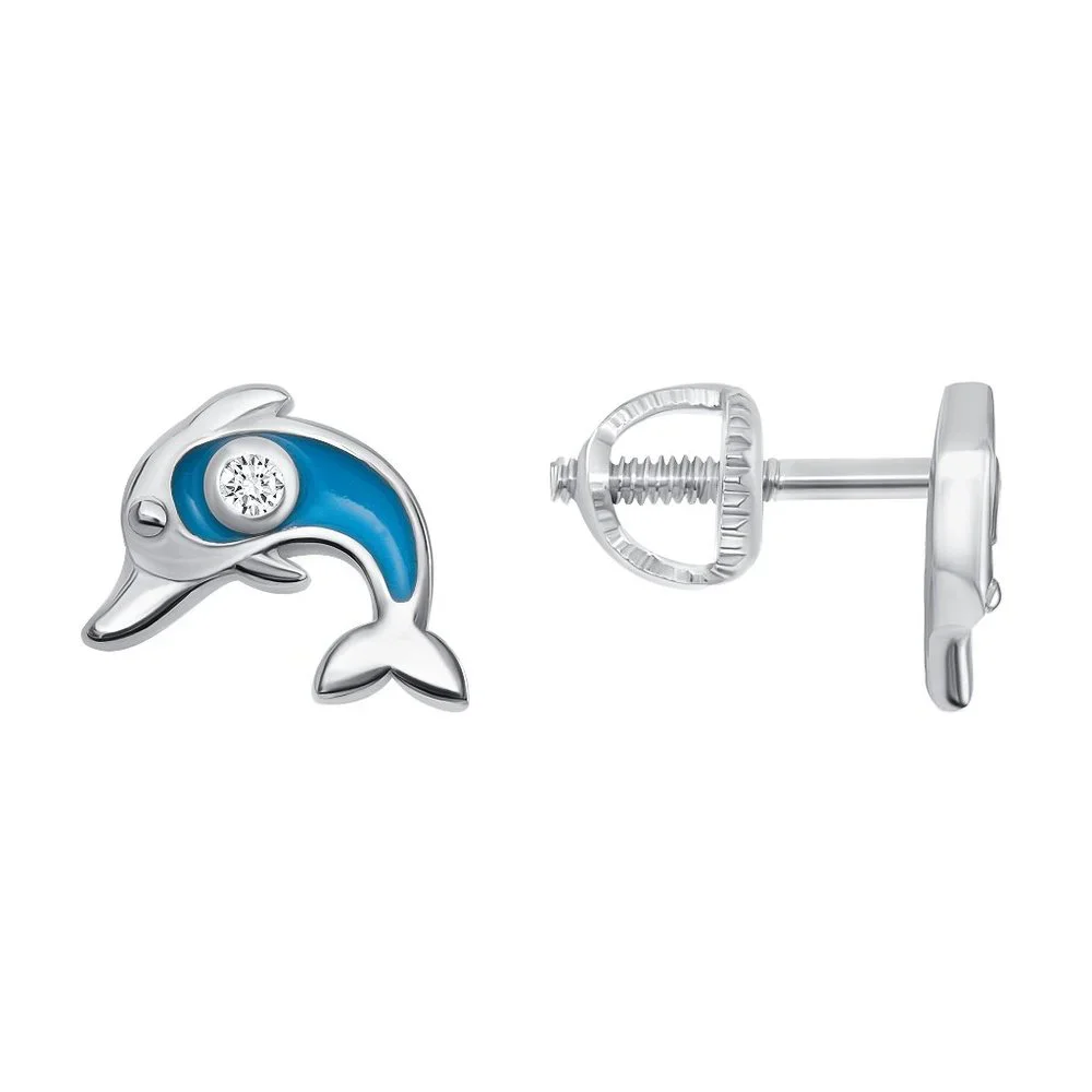 STERLING SILVER 925 CZ ENAMELED DOLPHIN KIDS SCREW STUD EARRINGS